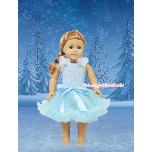 Frozen Light Blue Tank Top White Ruffles Sparkle Silver Grey Bows & Sparkle Rhinestone Snowflakes & Light Blue Pettiskirt American Girl Doll Outfit DO038